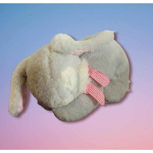 Vintage Bunny Plush Prestige Toy Grey Sleeping Rabbit 80s Plush Stuffed Pink Bow